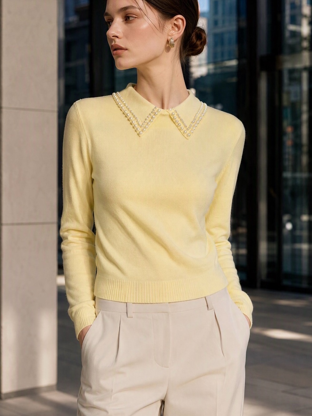 Pearl-Collar Scoop Neck Sweater — Yellow